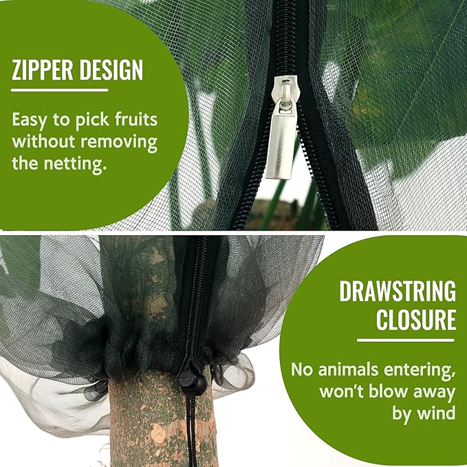2 Pack Fruit Tree Netting Bags with Zipper and Drawstring, 8 x 8ft Ultra Fine Mesh Garden Netting Plant Cover, Bird Netting for Blueberry Bushes, Fruit Trees, Flowers (Black, 8 x 8 ft)