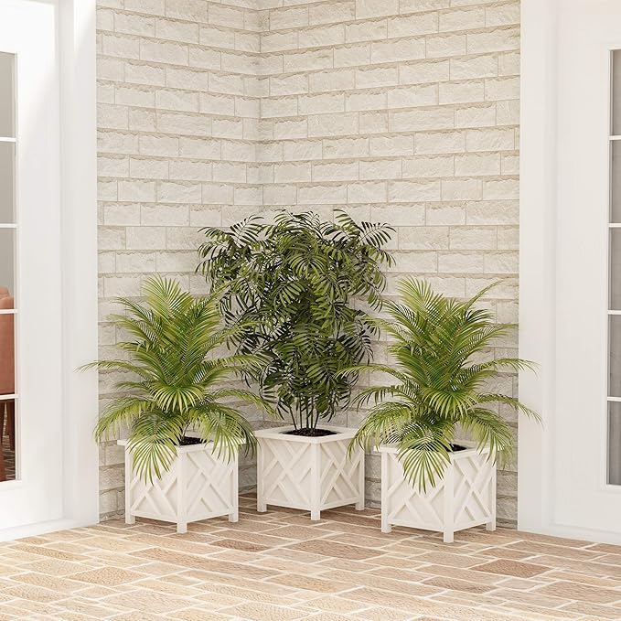 Planters Box - 14.75in Lattice Flower Box Plant Pot - Outdoor Patio Planters and Flower Boxes for Front Porch or Garden Decor by Pure Garden (White)