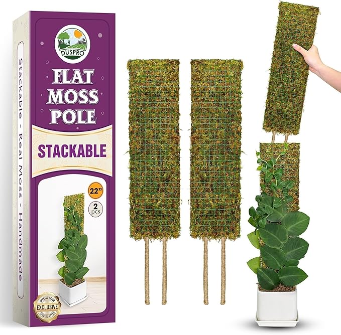 DUSPRO Flat Mesh Moss Poles for Climbing Plants Monstera Stackable Moss Pole for Plants with Real Moss Moss Plant Pole for Potted Plants Handmade Moss Stick for Indoor Plants Grow Upward 2 Pack 22”