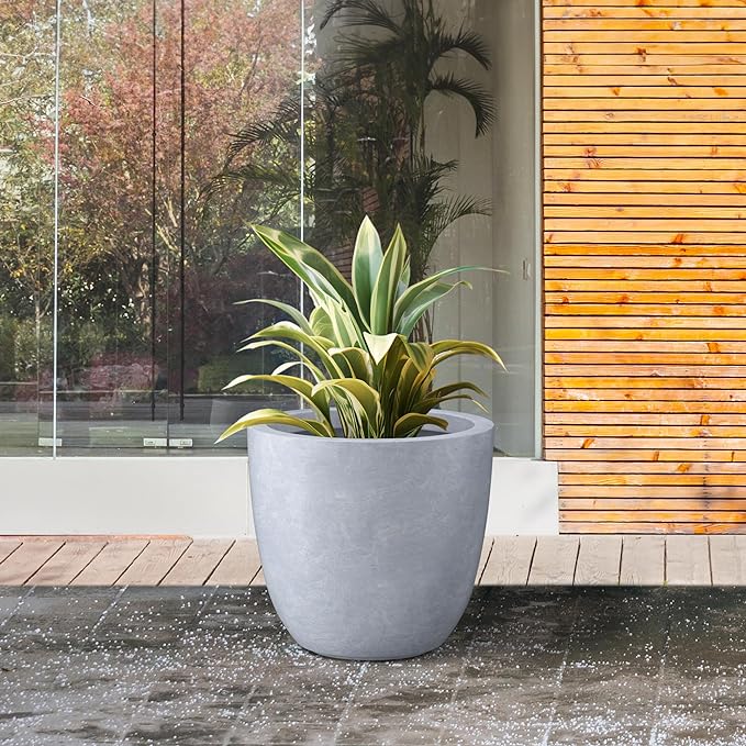Kante 14 Inch Dia Round Concrete Planter, Indoor Outdoor Large Plant Pot with Drainage Hole and Rubber Plug for Home Patio Garden, Slate Gray