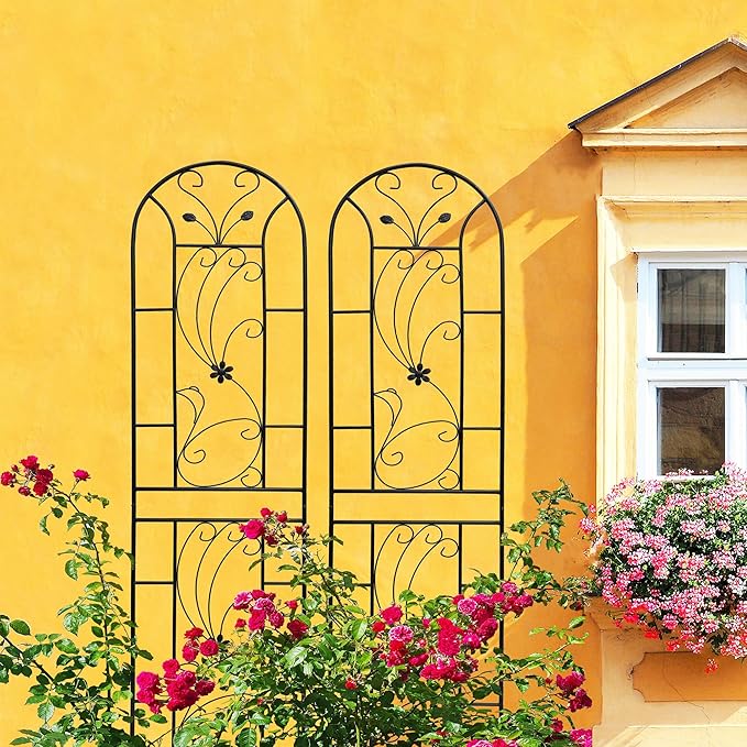 Metal Garden Trellis Rustproof Trellis for Climbing Plants Outdoor Flower Support Peacock Style (Black-2 Pack, 86.7"x19.7")