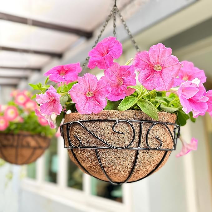 LaLaGreen Hanging Planter for Outdoor Plants (2 Pack, 14 Inch) White Hanging Baskets with Coco Liner, Metal Wire Flower Basket Pots with Hook Hanger Balcony Porch Farmhouse Country Style Garden Decor