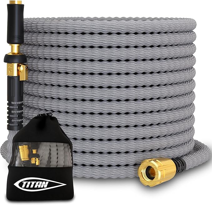 TITAN Flexible Garden Hose 10FT – Ultra Lightweight, Heavy Duty Water Hose with Brass Fittings & Jet Nozzle – Kink-Free, Non-Expanding, Durable Fabric Hose for Yard, Lawn, Car Wash, Outdoor Use