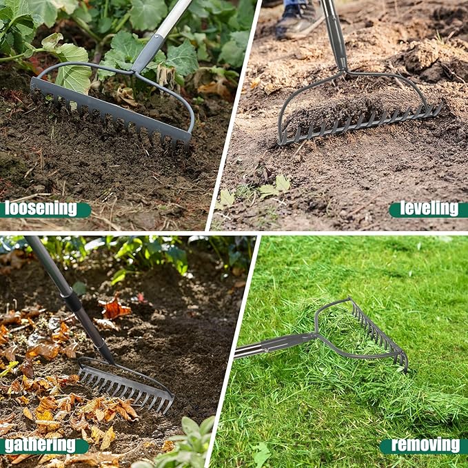 Rake for Leaves, Garden Bow Rake Heavy Duty, 48 in Leaf Rakes for Lawns, Yard Gardening Tools with Back-Saving Handle, 14 Metal Tines Head for Loosen Soil, Clear Gravel Grass Rock, Level Mulch