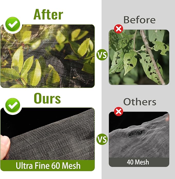 2 Pack Fruit Tree Netting Bags with Zipper and Drawstring, 8 x 8ft Ultra Fine Mesh Garden Netting Plant Cover, Bird Netting for Blueberry Bushes, Fruit Trees, Flowers (Black, 8 x 8 ft)