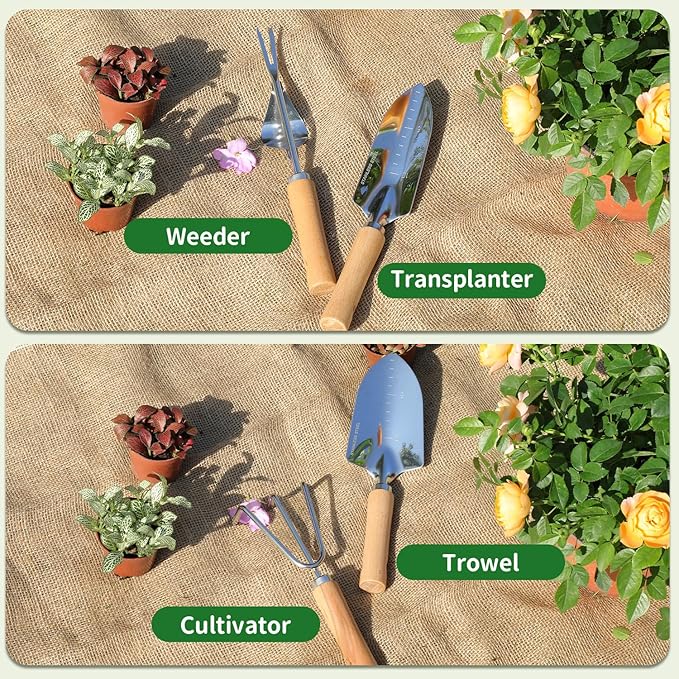 Gardening Tools 10-Piece Heavy Duty Stainless Steel Hand Tools with Durable Garden Tools Storage Tote,Rust-Proof Garden Tool Set, Ideal Gardening Gifts for Women Yellow Floral Pattern Design