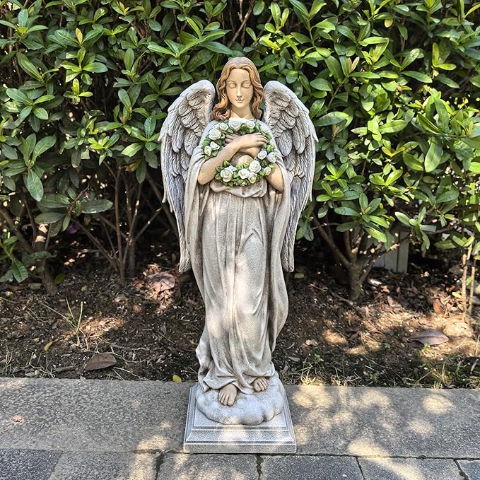 Garden Angel with Flower Wreath Statue - 16" Outdoor Memorial Angel Decor