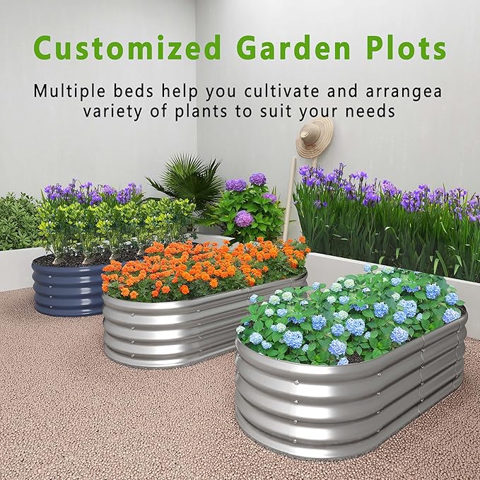 KFN 2PCS 8x1.8x1FT Galvanized Raised Garden Bed,Raised Garden Bed Kit-Oval Metal Vegetable Box,Large Planter Flower Boxes Outdoor,Planting for Vegetables,Flower,Herb,Grey,0.7mm