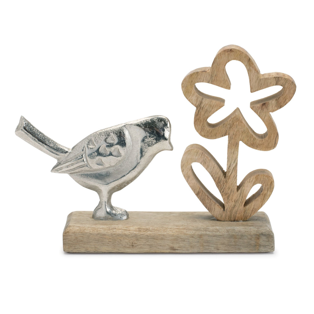 Set of 2 Rustic Metal Bird and Flowers on Wooden Stand