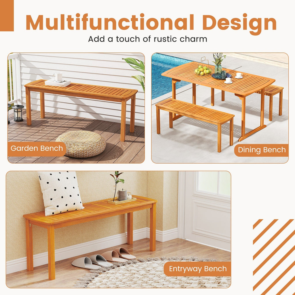 Acacia wood outdoor bench with slatted seat for garden