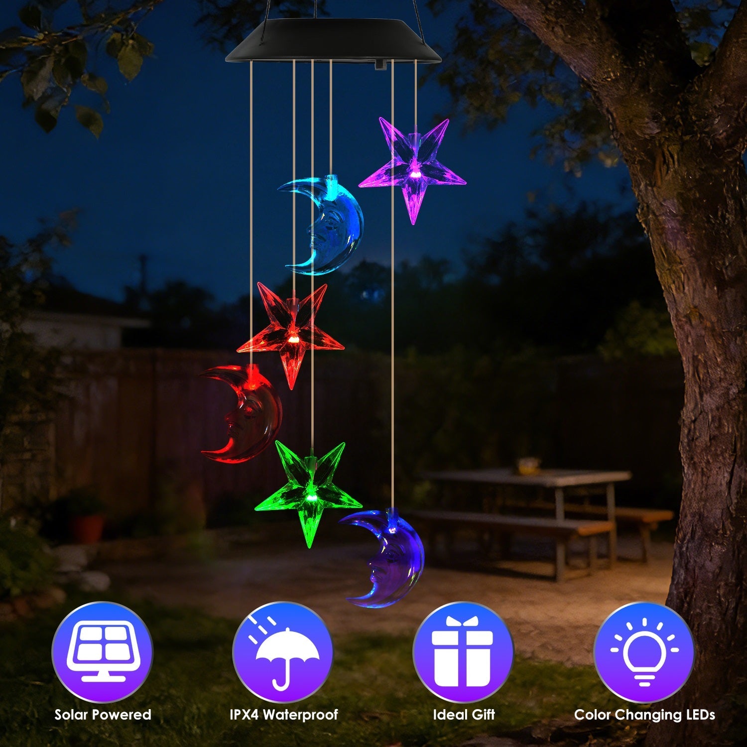 Solar Moon and Star Wind Chime 7 Color Changing Wind Chime for Outside IPX4 Waterproof Outdoor Garden Yard Decor
