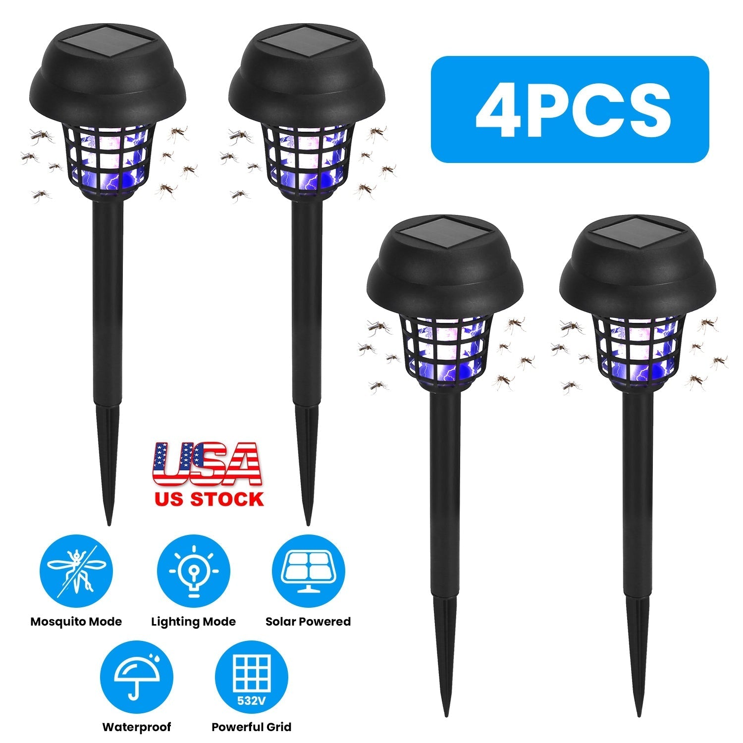 4 Pack Solar Powered Mosquito Zapper Outdoor Insect Killer Torch Waterproof Bug Zapper with UV Light White Light for Yard Garden Farm Patio