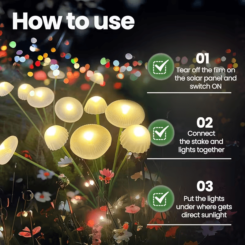 Solar Mushroom/Jellyfish LED Stake Lights – Outdoor Waterproof Garden Decor with Auto On/Off & Warm/RGB Color Modes (IP65, 600mAh)