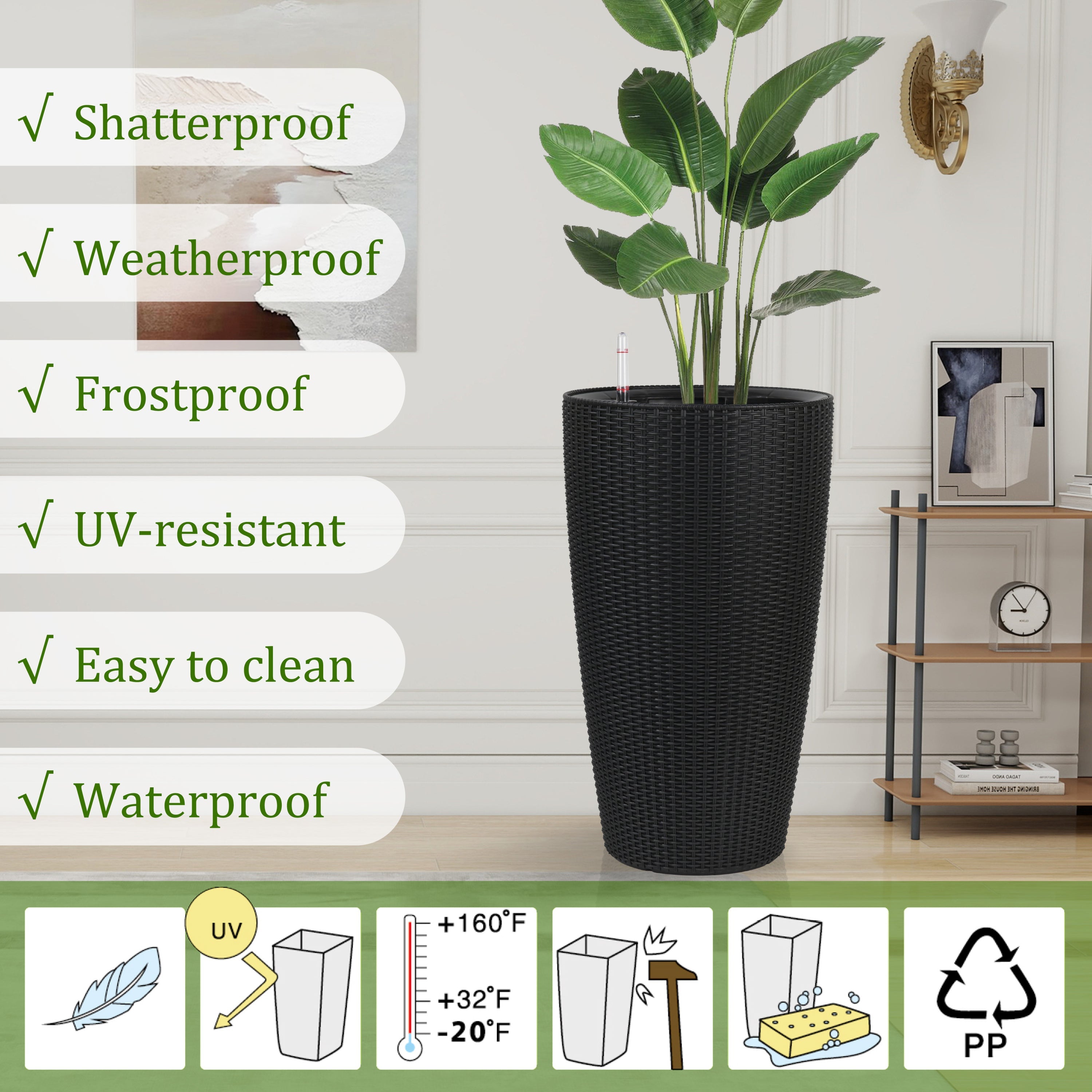 Indoor/Outdoor Modern The appearance is made of imitation rattan Design Planter,22.5 inch Black Plastic Large Plant Pot With Automatic Watering System for Home and Garden  (Black, 22.5 inch - 2 Pack)