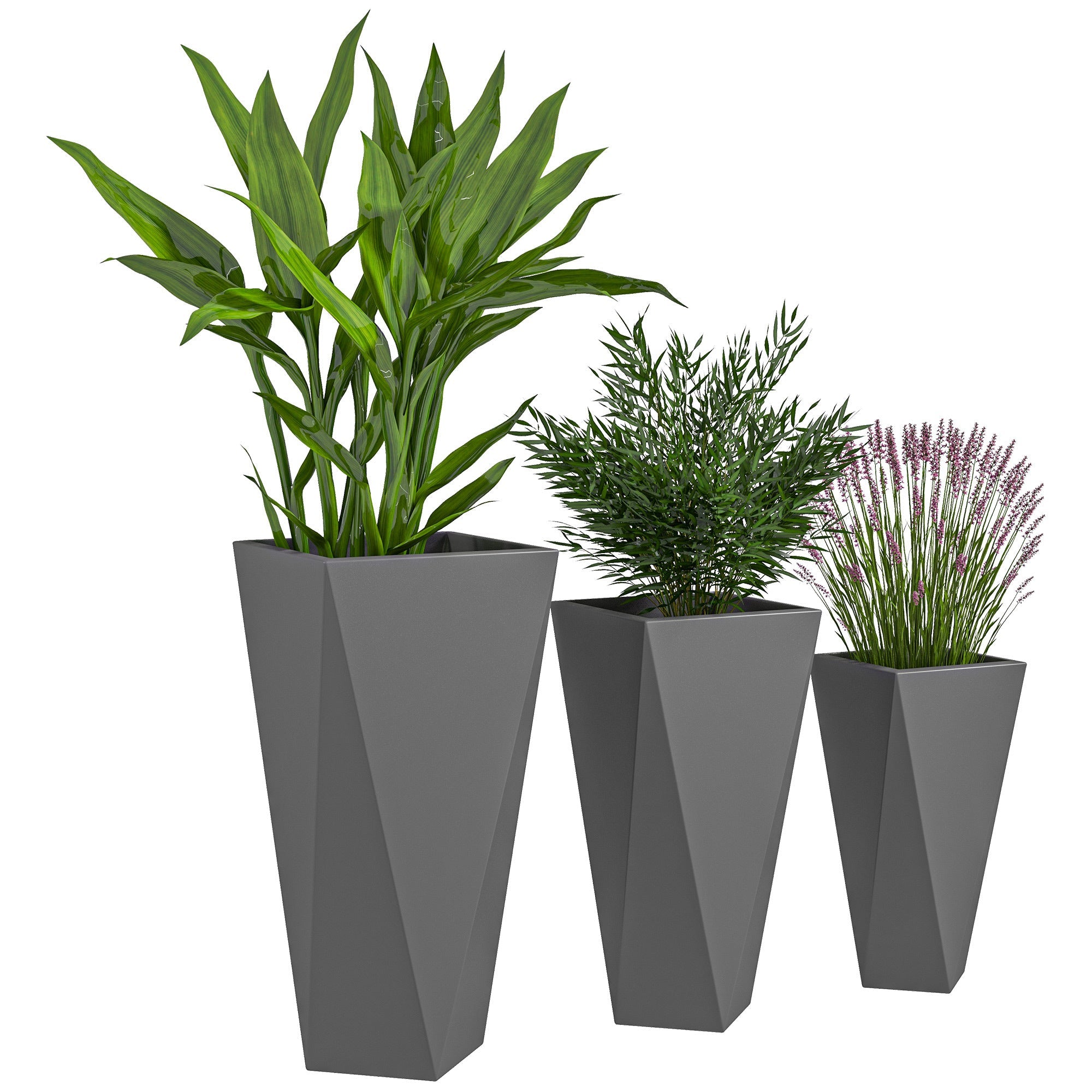 Outsunny Set of 3 Tall Planters, 28.75', 24.5', 20.5', MgO Indoor Outdoor Planters with Drainage Holes, Stackable Flower Pots for Garden, Patio, Balcony, Front Door, Gray