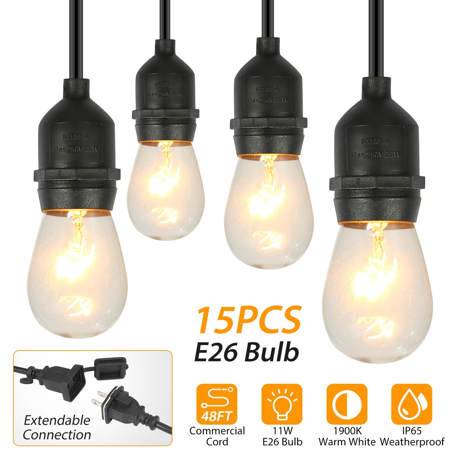 48FT Outdoor String Light Waterproof Patio String Lights Bulbs Commercial Yard Lights Garden Ambience