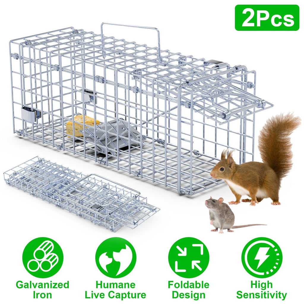 2Pcs Foldable Rat Trap Cage Humane Live Rodent Trap Cage Galvanized Iron Mice Mouse Control Bait Catch with Detachable L Shaped Rod For Kitchen Garden