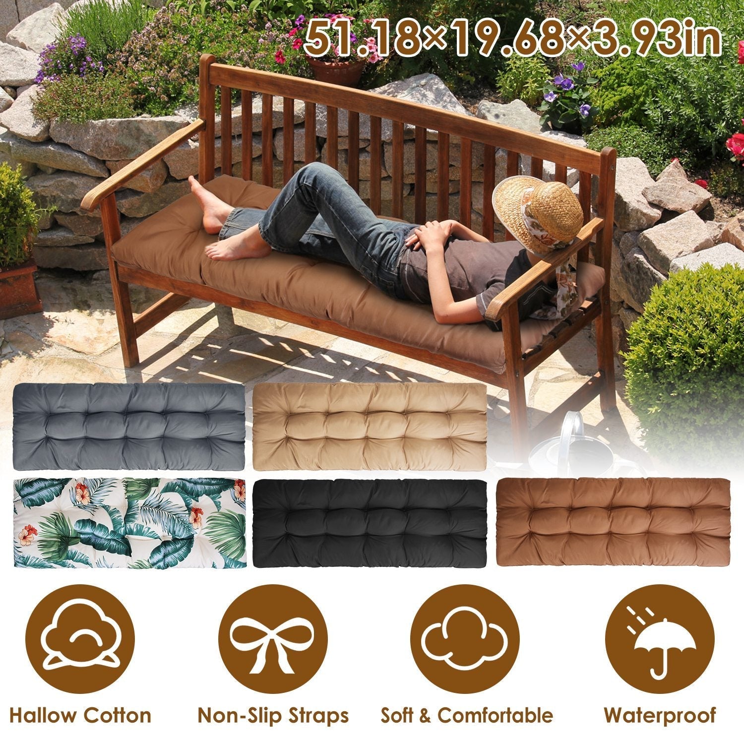 Bench Seat Cushion For Indoor Outdoor Furniture Non Slip Long Chair Cushion with Ties Strap Waterproof Swing Cushion 51.18x19.68IN For Garden Patio Ba