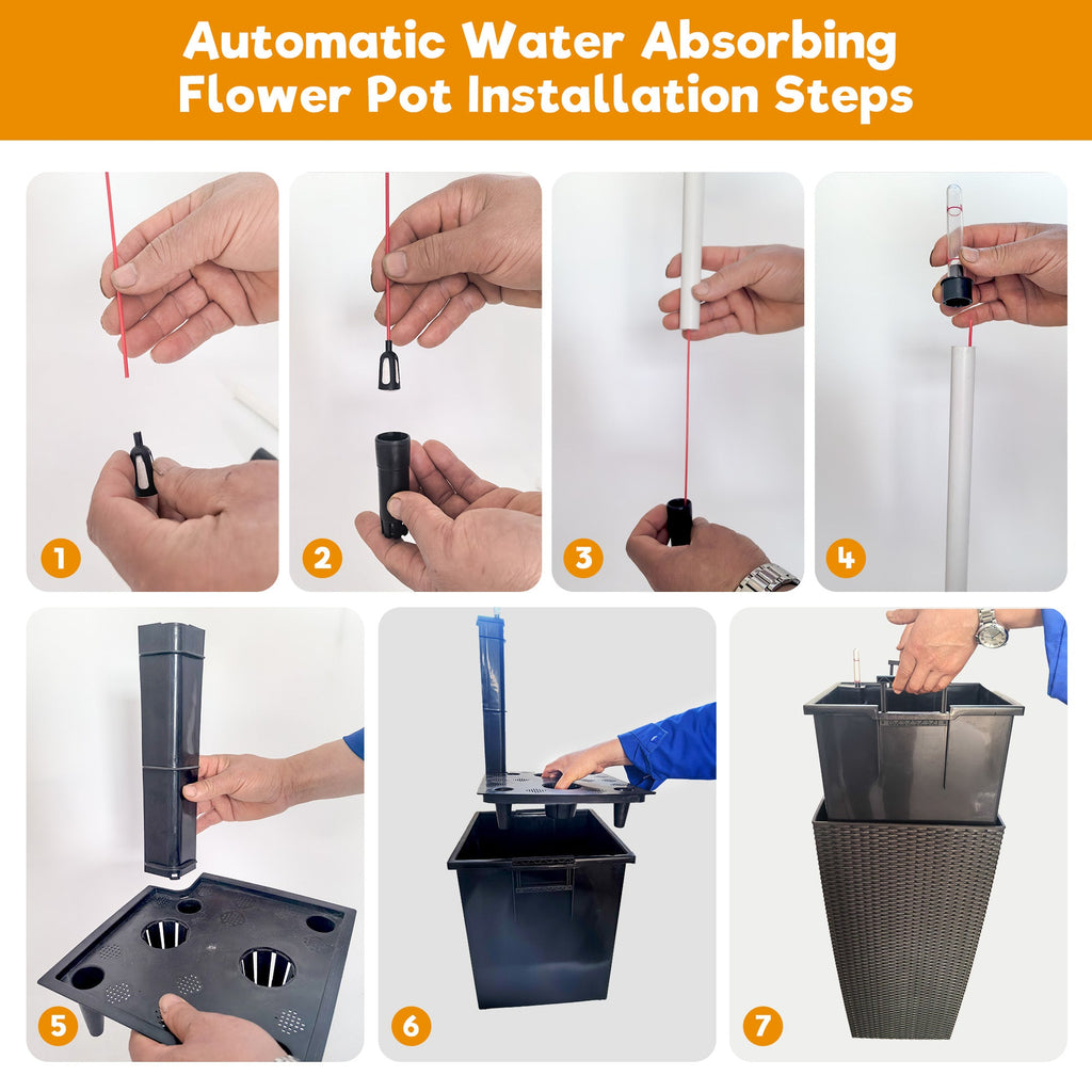 Faux Rattan Tall Planters Set with Water Level Monitor and Auto Watering, Black, Polypropylene, 22 Inch