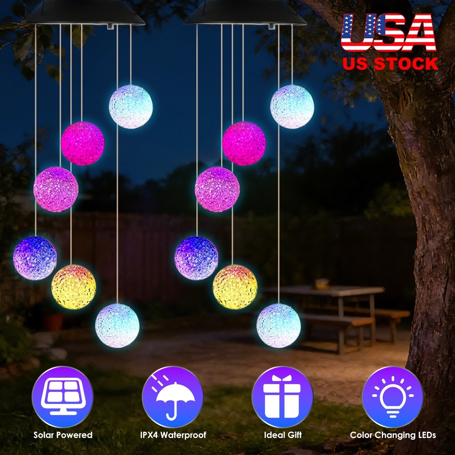 Solar Ball Wind Chime 7 Color Changing Wind Chime for Outside IPX4 Waterproof Outdoor Garden Yard Decor