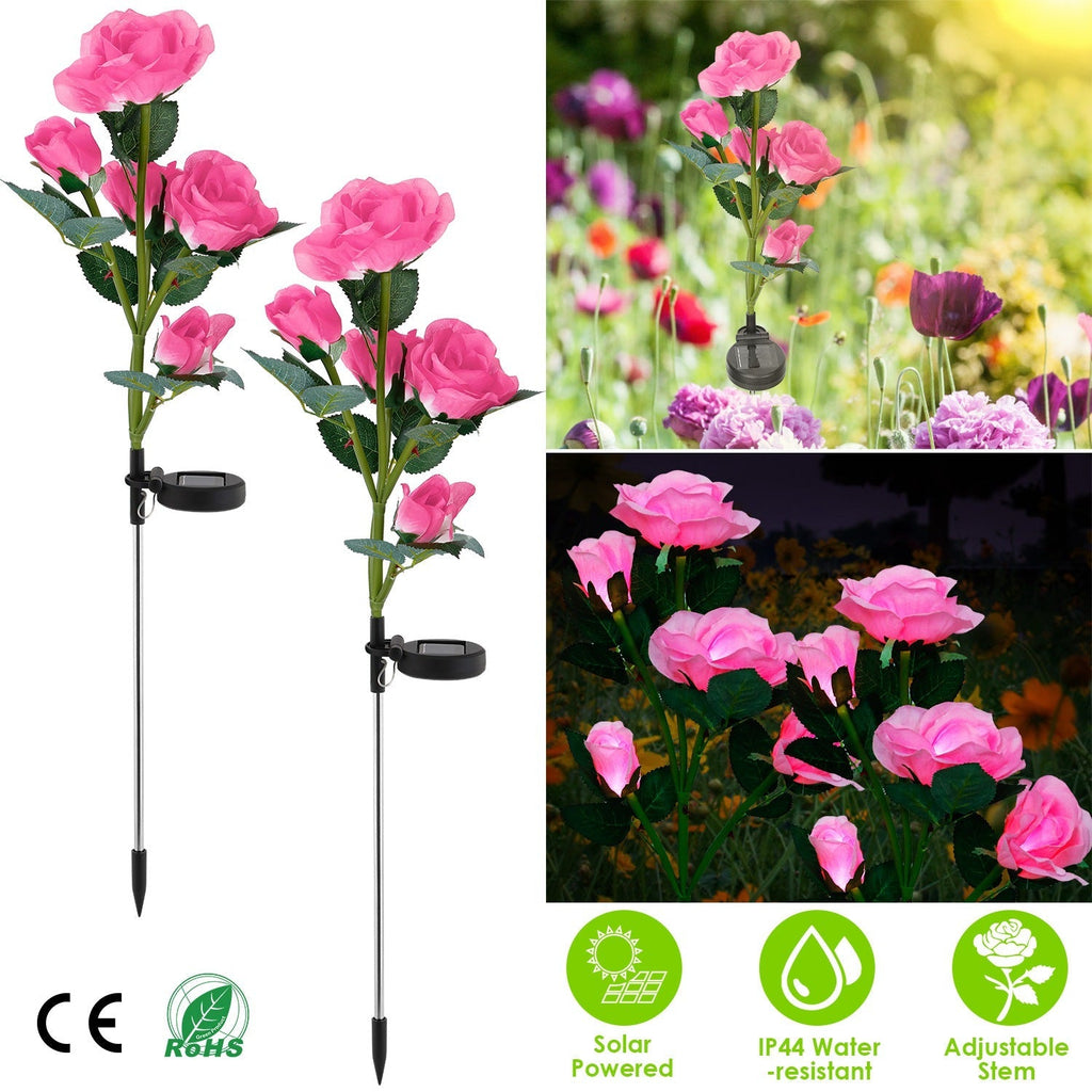 2Pcs Solar Powered Lights Outdoor Rose Flower LED Decorative Lamp Water Resistant Pathway Stake Lights For Garden Patio Yard Walkway