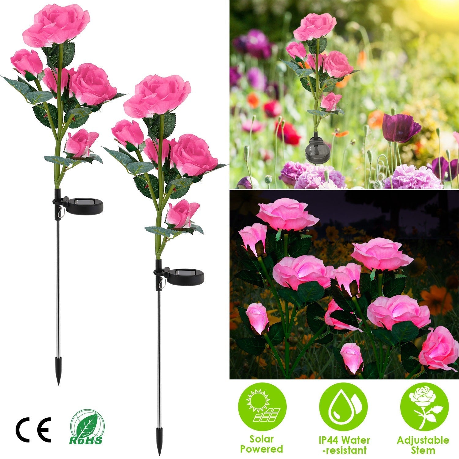 2Pcs Solar Powered Lights Outdoor Rose Flower LED Decorative Lamp Water Resistant Pathway Stake Lights For Garden Patio Yard Walkway