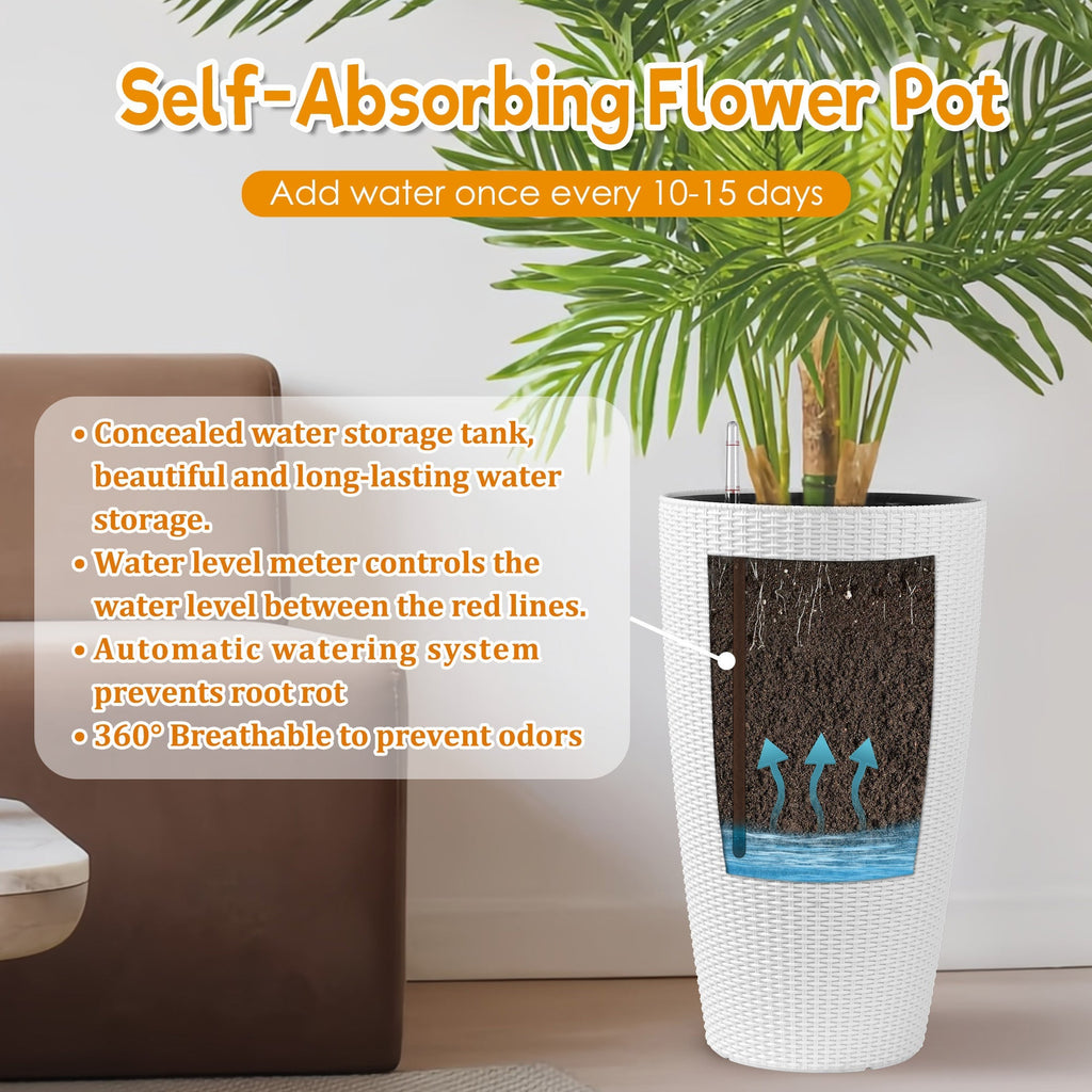 Set of 2 Faux Rattan Tall Planters with Automatic Watering System