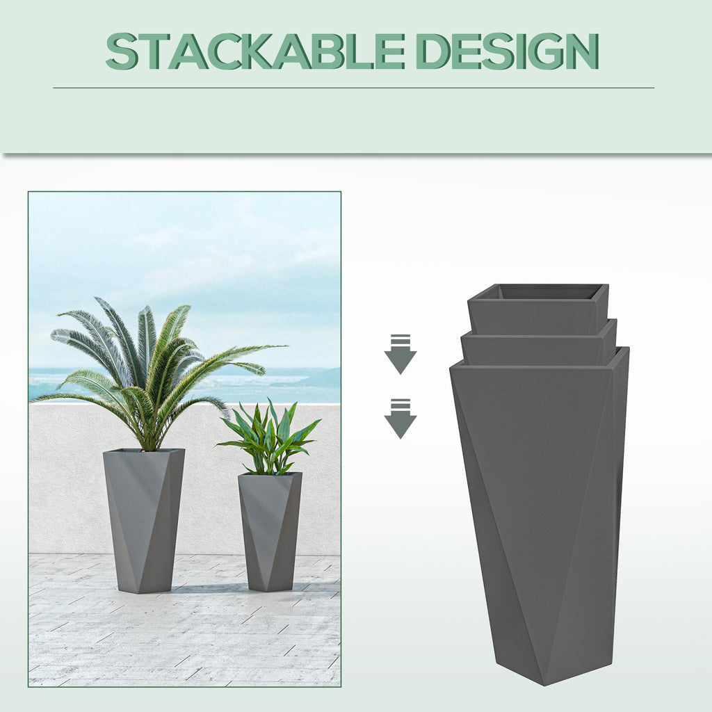 Outsunny Set of 3 Tall Planters, 28.75', 24.5', 20.5', MgO Indoor Outdoor Planters with Drainage Holes, Stackable Flower Pots for Garden, Patio, Balcony, Front Door, Gray
