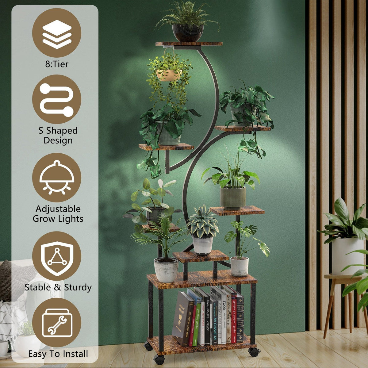 8 Tiered Plant Stand Indoor With Grow Lights S-shaped Lighted Plant Shelf 61.42in Plant Tower with 4 Lockable Wheels for Living Room Patio