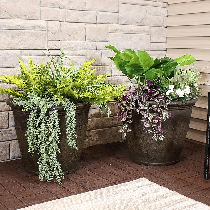 Sunnydaze 24-Inch Anjelica Large Plastic Pot for Plants - Outdoor Polyresin Round Planter with Drillable Drainage Holes - Sable - 4pk