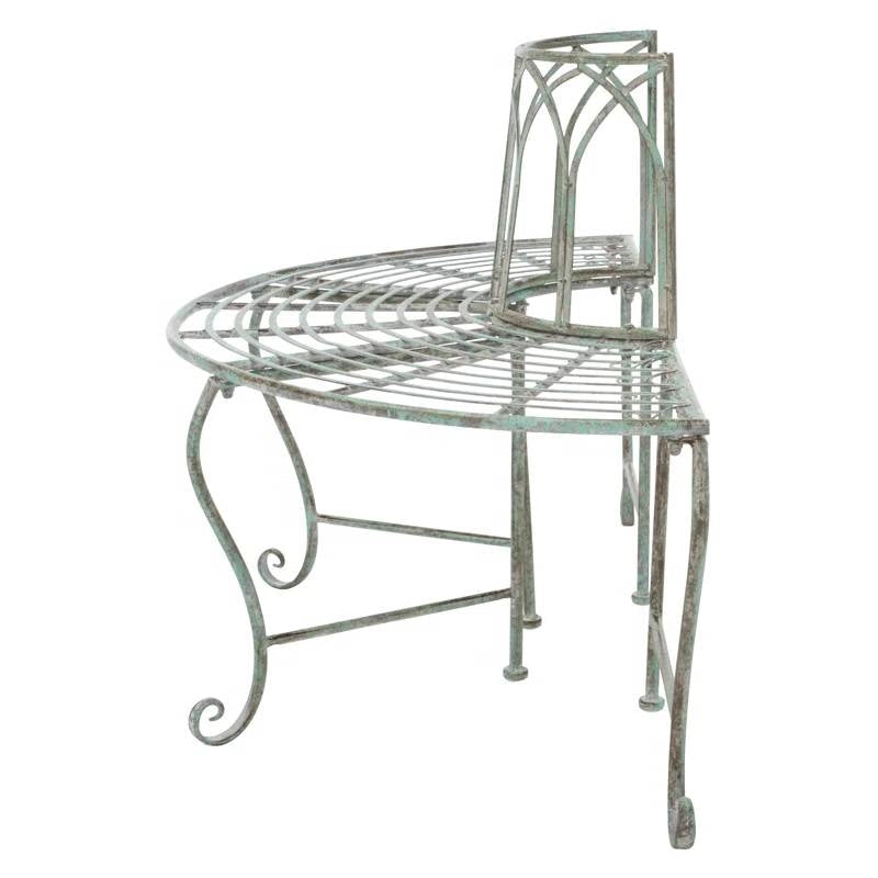 Half-Circle Outdoor Patio Garden Wrought Iron Tree Bench in Antique Green