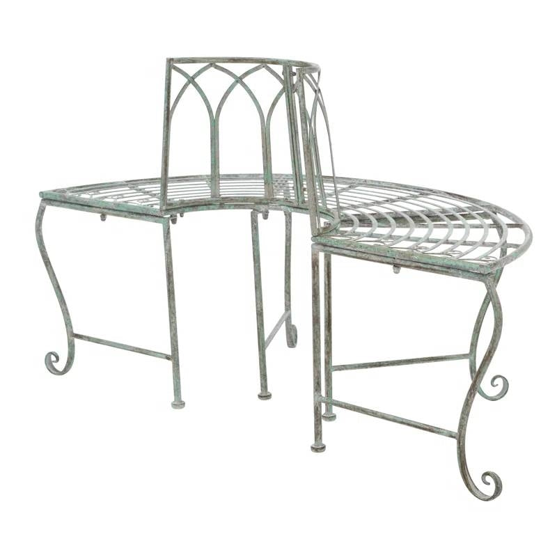 Half-Circle Outdoor Patio Garden Wrought Iron Tree Bench in Antique Green