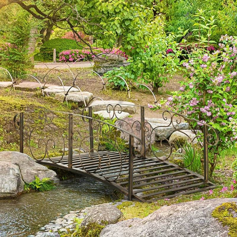 Outdoor Vintage Bronze 6-ft Garden Bridge with Side-Rails