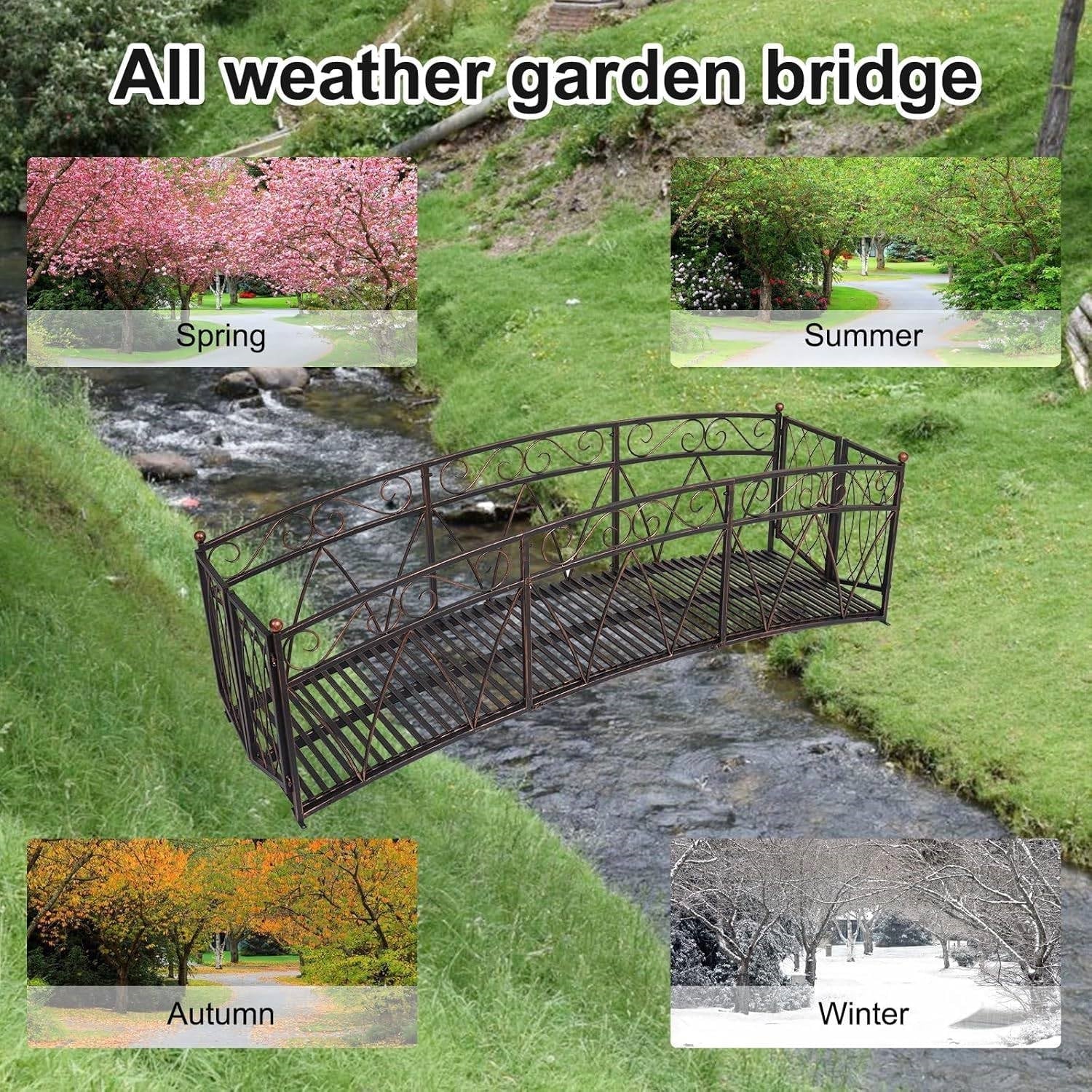 Outdoor Black Metal Arch 8-ft Garden Bridge with Safety Side Rails