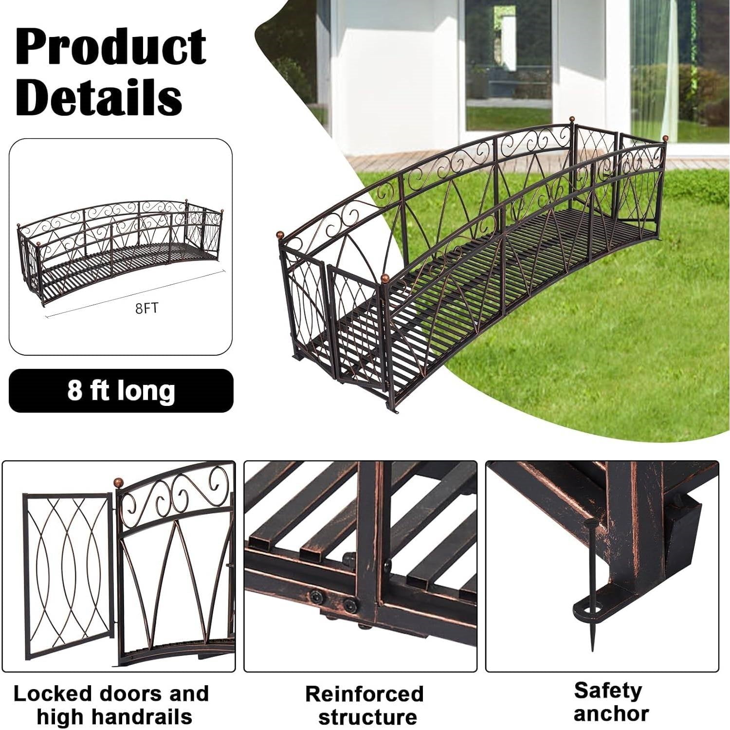 Outdoor Black Metal Arch 8-ft Garden Bridge with Safety Side Rails