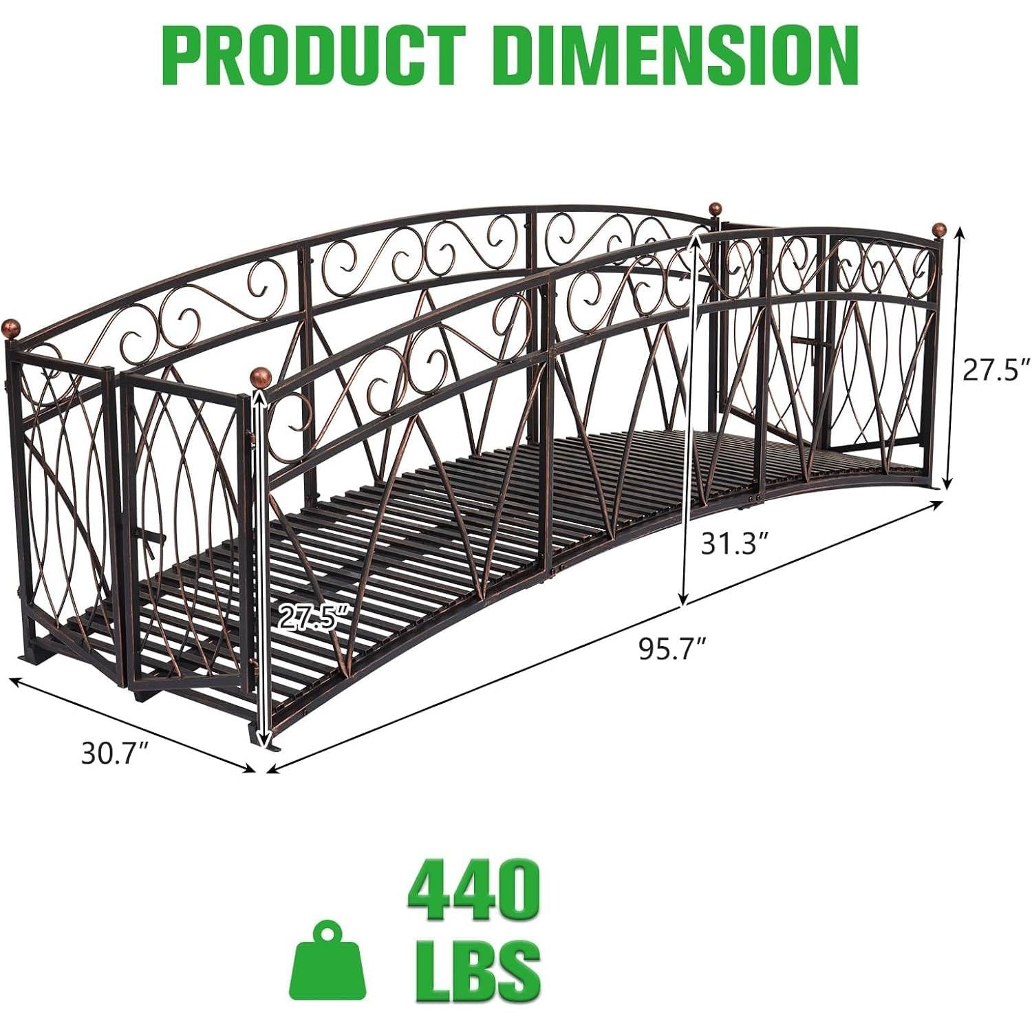 Outdoor Black Metal Arch 8-ft Garden Bridge with Safety Side Rails
