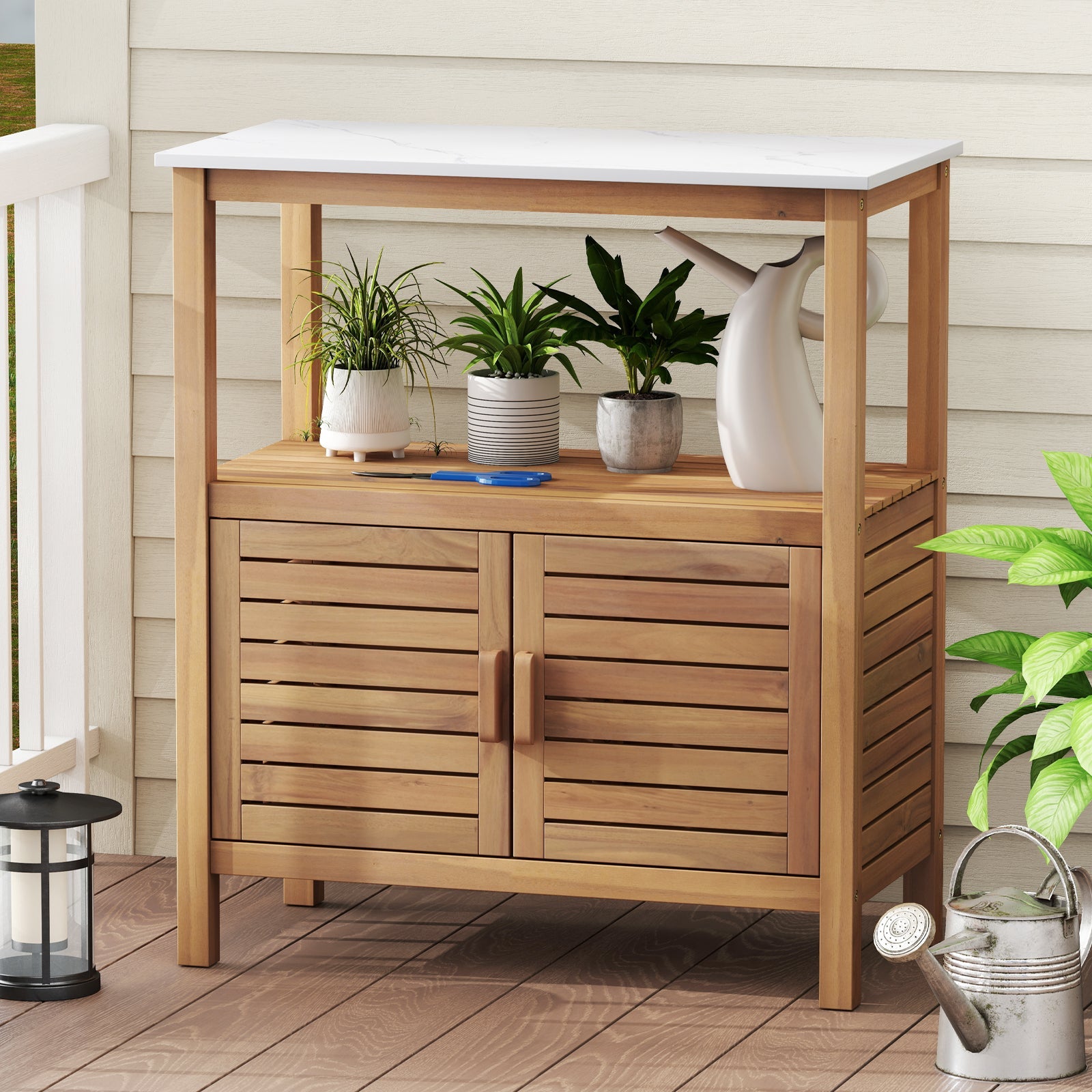 Outdoor Potting Bench Acacia Wood Garden Potting Table Planting Work Bench Station with Louvered Doors