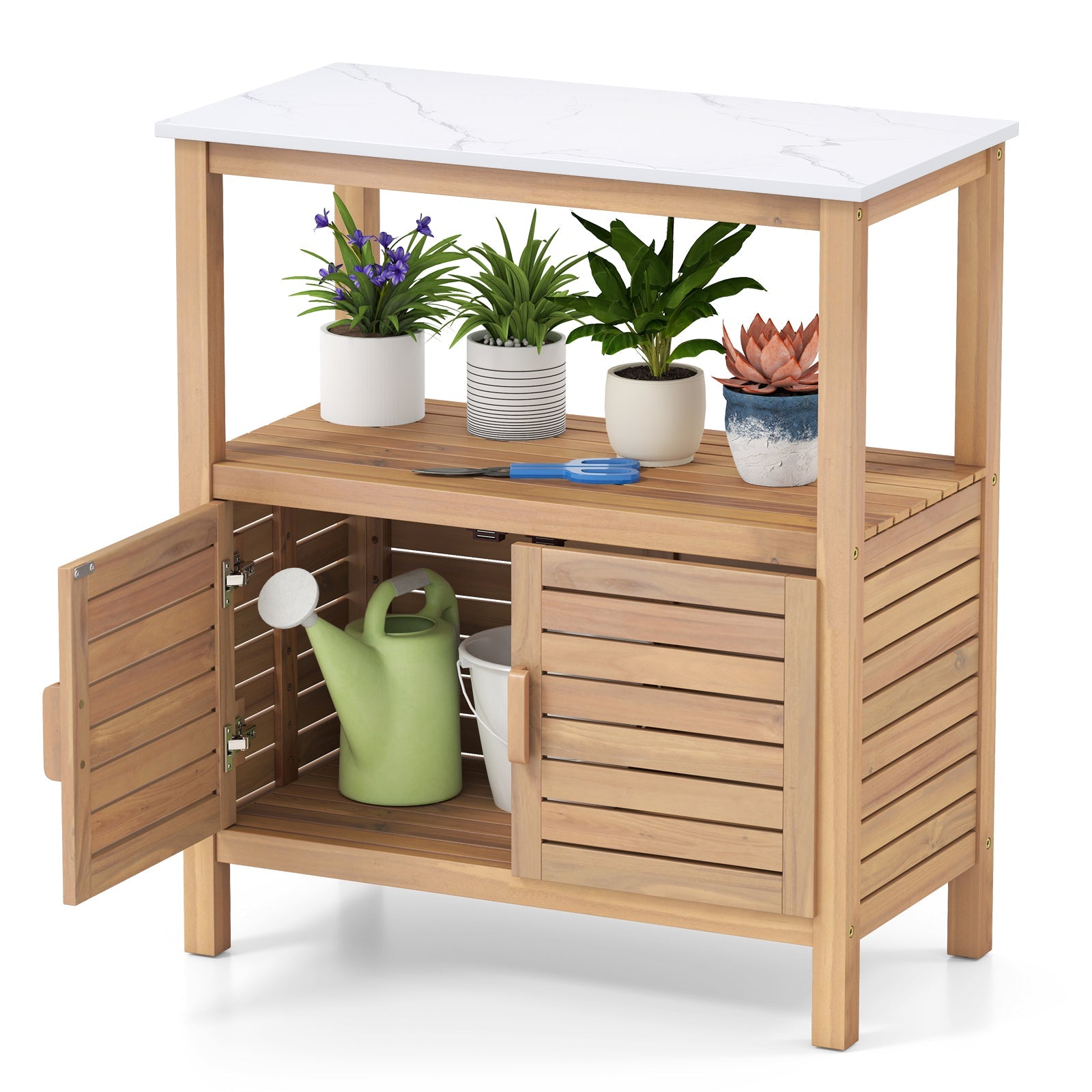 Outdoor Potting Bench Acacia Wood Garden Potting Table Planting Work Bench Station with Louvered Doors