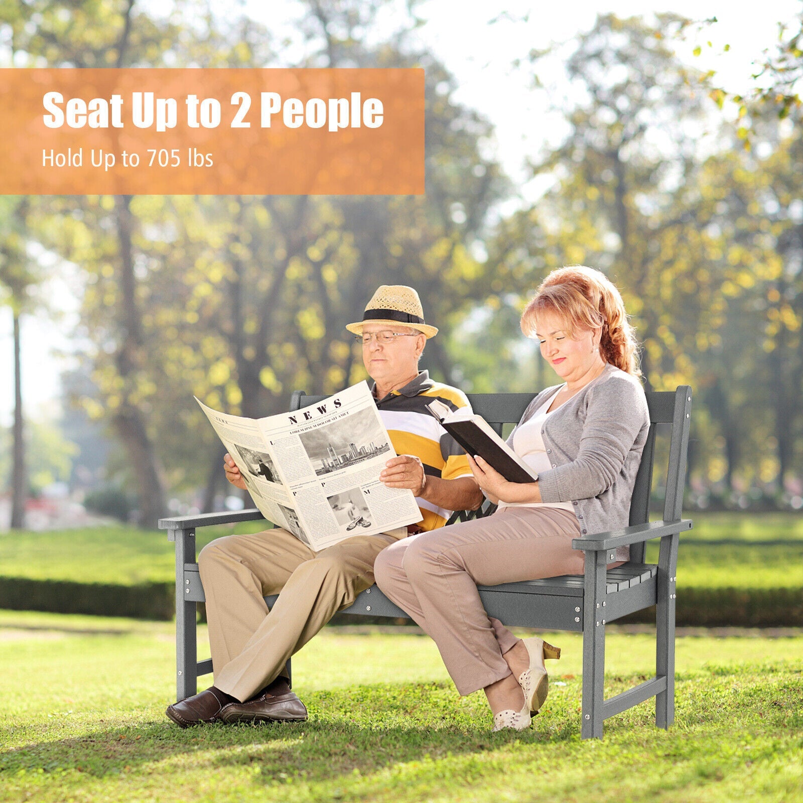 52 Inch All-Weather HDPE Outdoor Bench with Backrest and Armrests-Gray