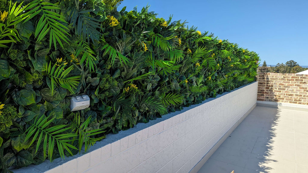 Hawaiian Sunrise Flowering Artificial Vertical Garden Green Wall Panel 40×40in 11 SQ FT – UV Resistant – Commercial Grade