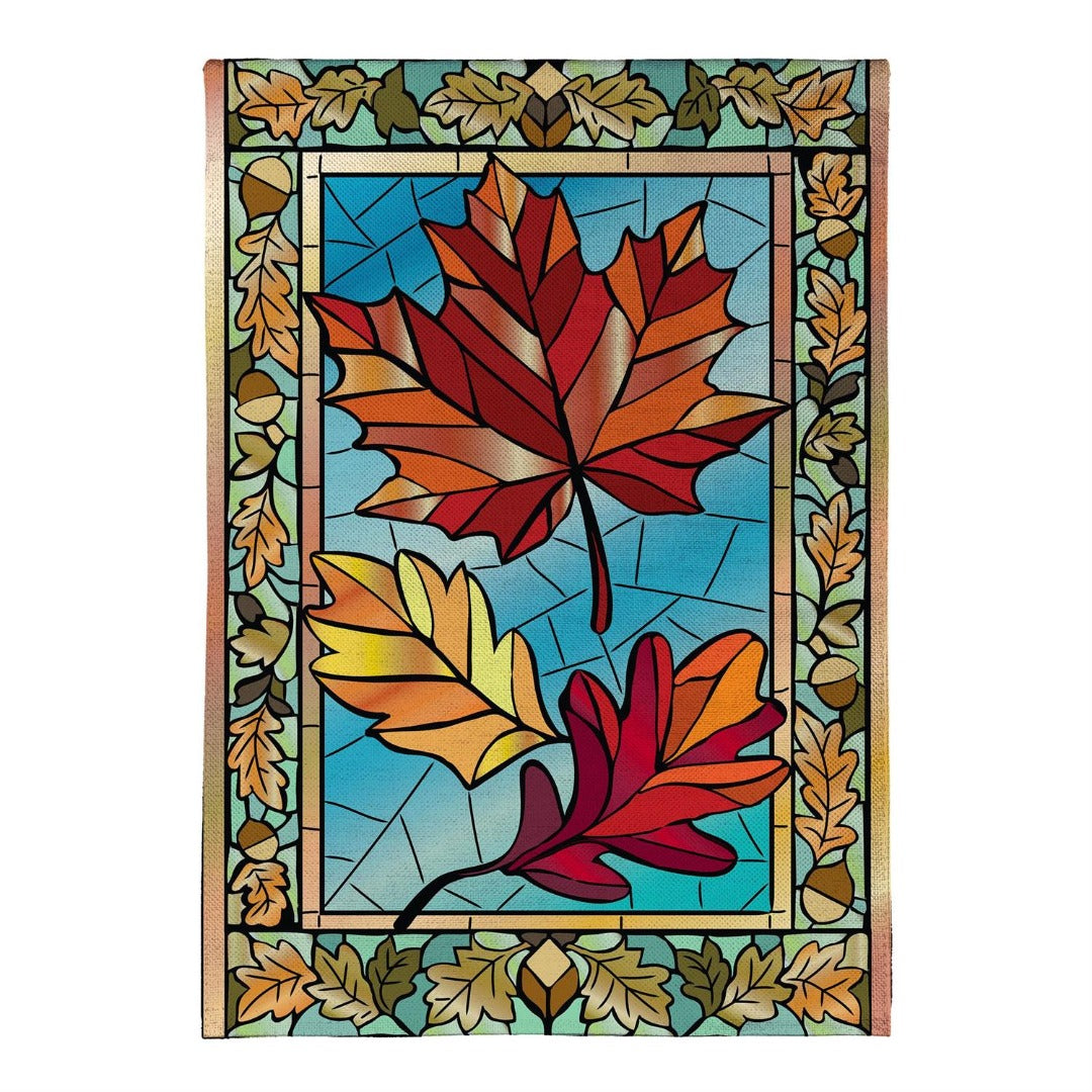 Autumn Leaves Stained Glass 2 Sided Burlap Garden Flag