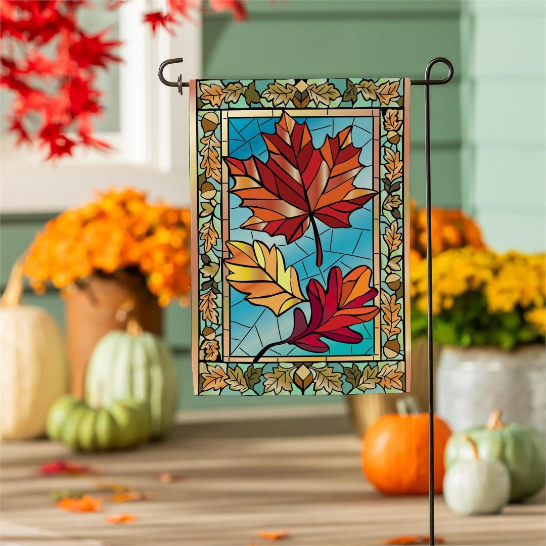 Autumn Leaves Stained Glass 2 Sided Burlap Garden Flag