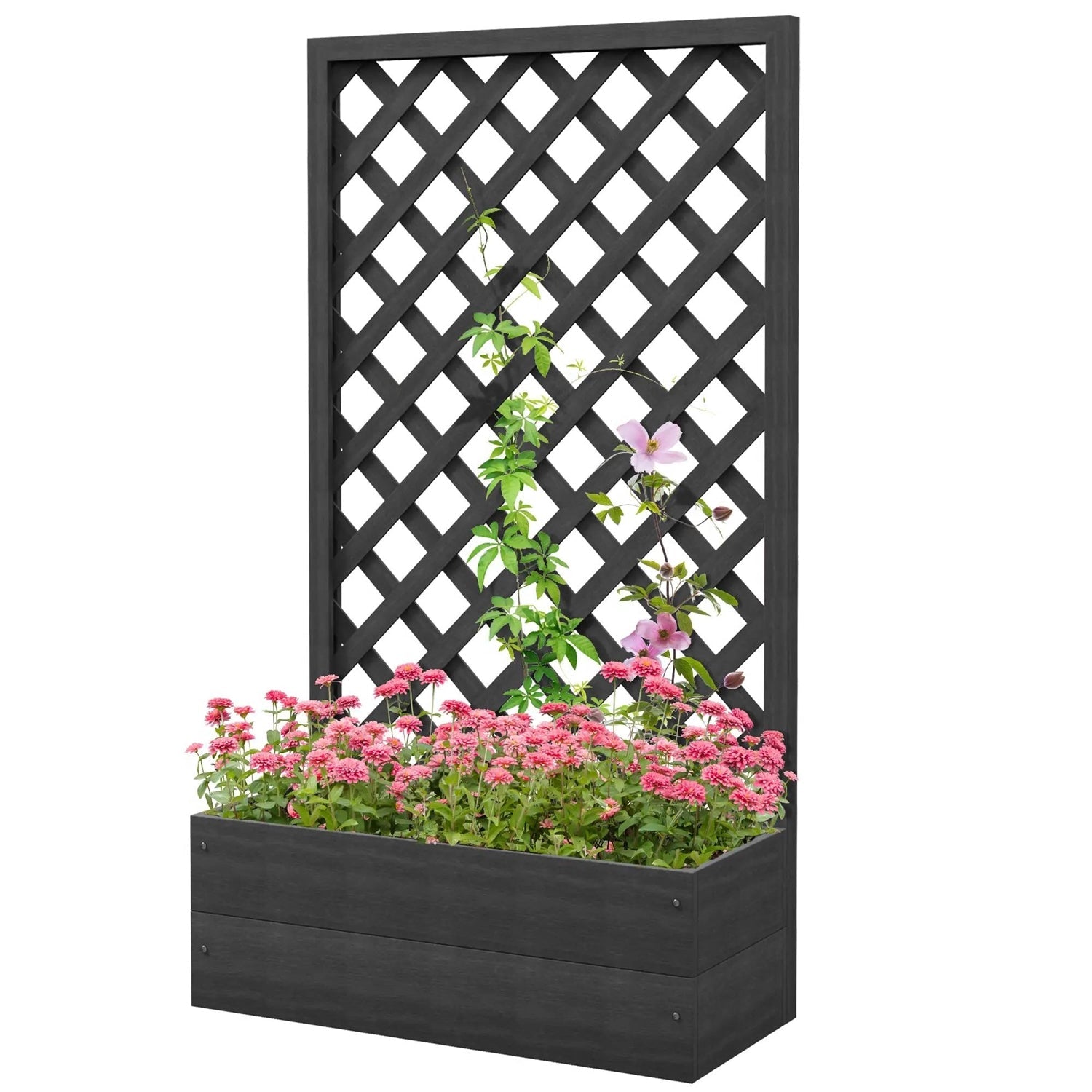 Outdoor Black Wooden Raised Garden Bed Planter Box with Lattice Trellis