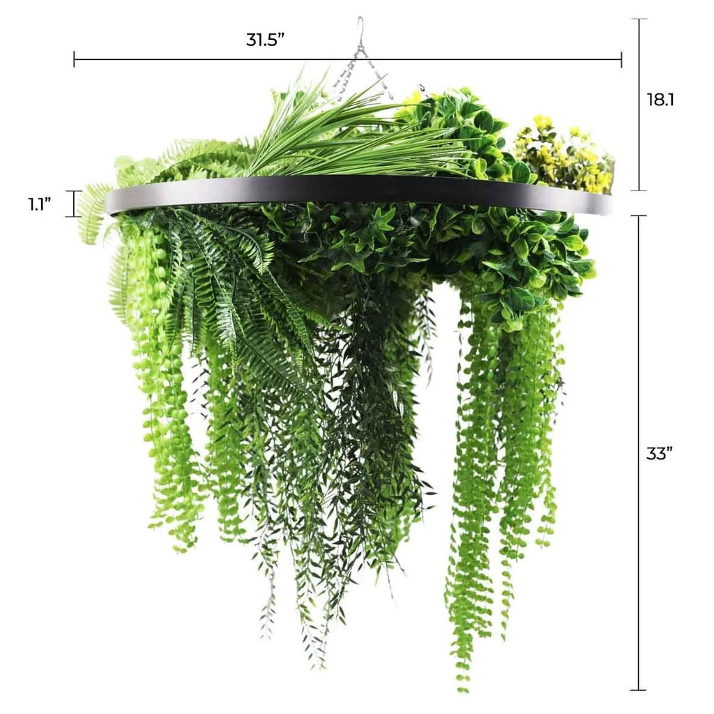 Artificial Hanging Plant Chandelier – Draping Fern Circular Ring (33in long) Black Frame – UV Resistant