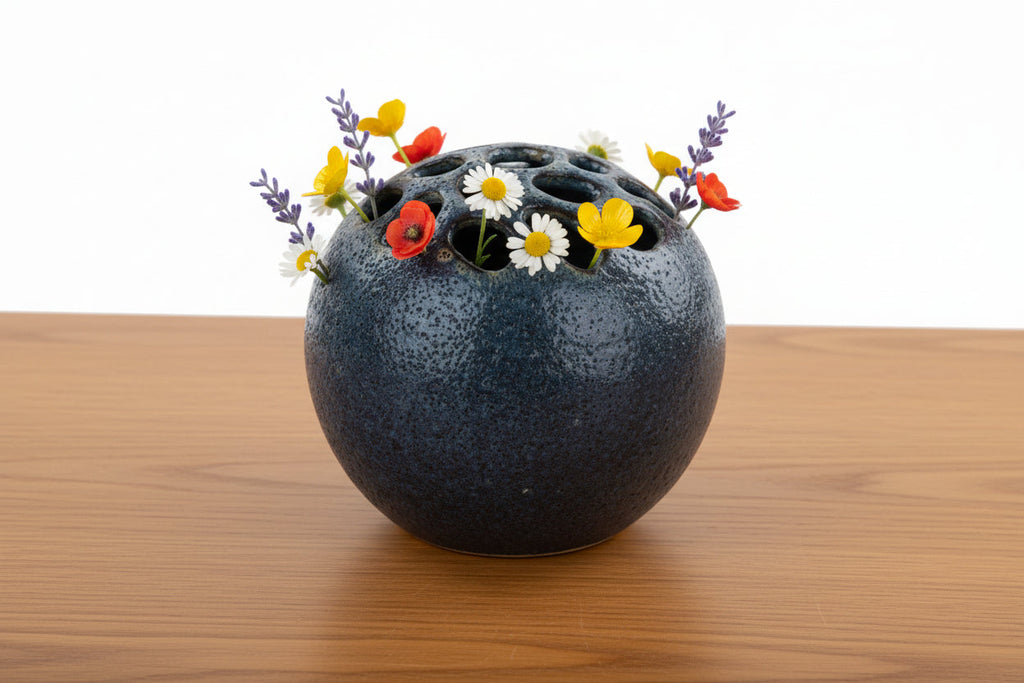 Large 6.75" Blue Flower Frog Ball Vase