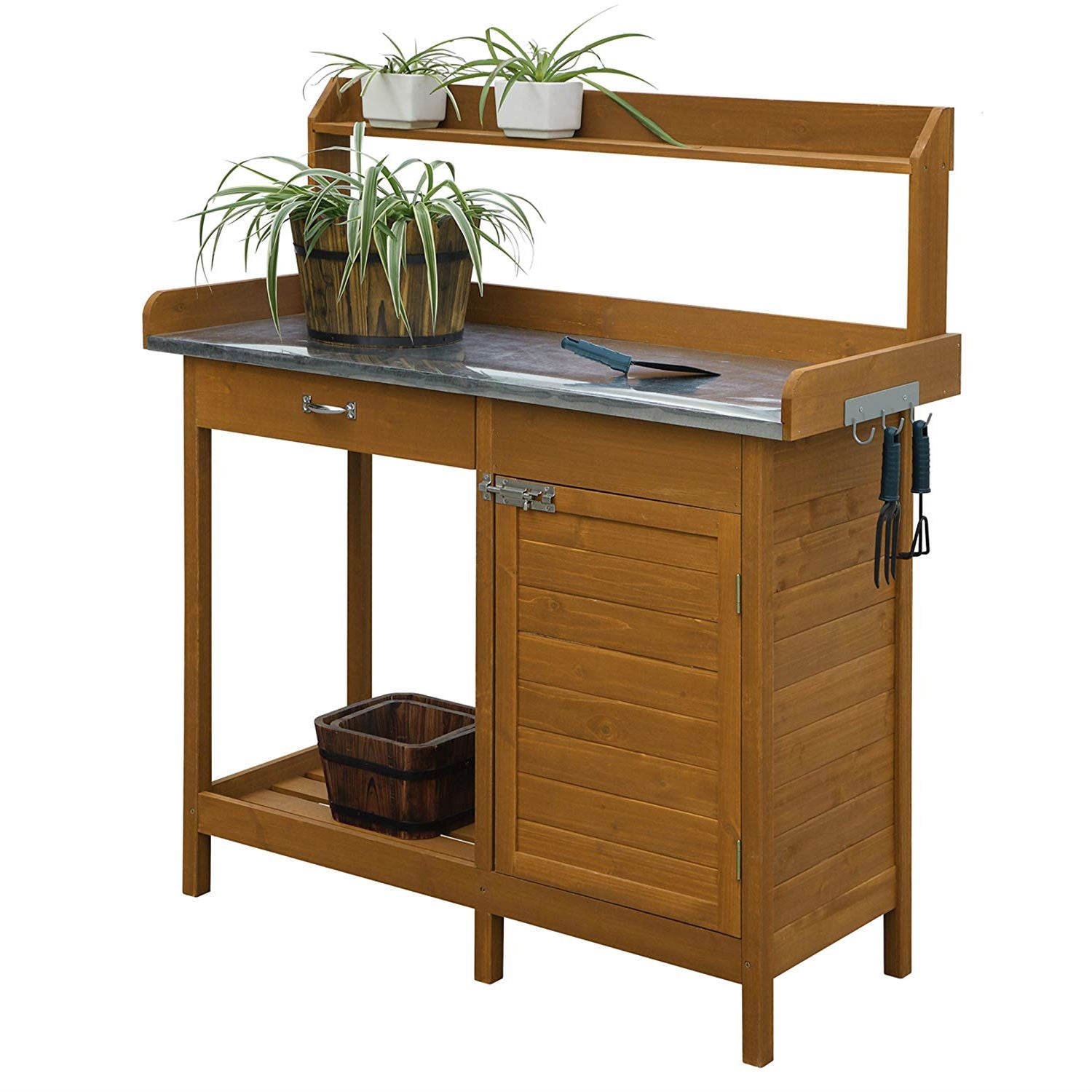 Outdoor Home Garden Potting Work Station Bench with Metal Table Top and Storage Cabinet
