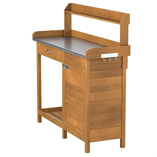 Outdoor Home Garden Potting Work Station Bench with Metal Table Top and Storage Cabinet
