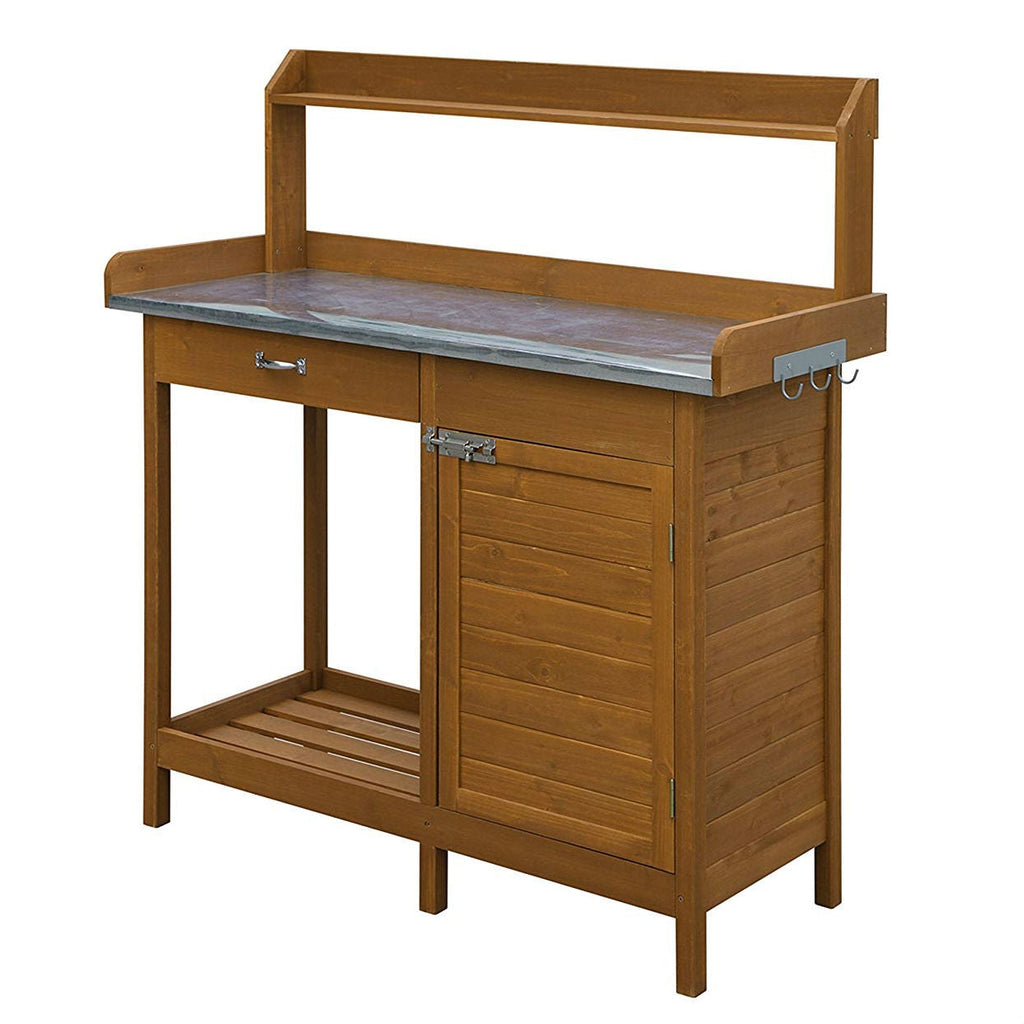 Outdoor Home Garden Potting Work Station Bench with Metal Table Top and Storage Cabinet