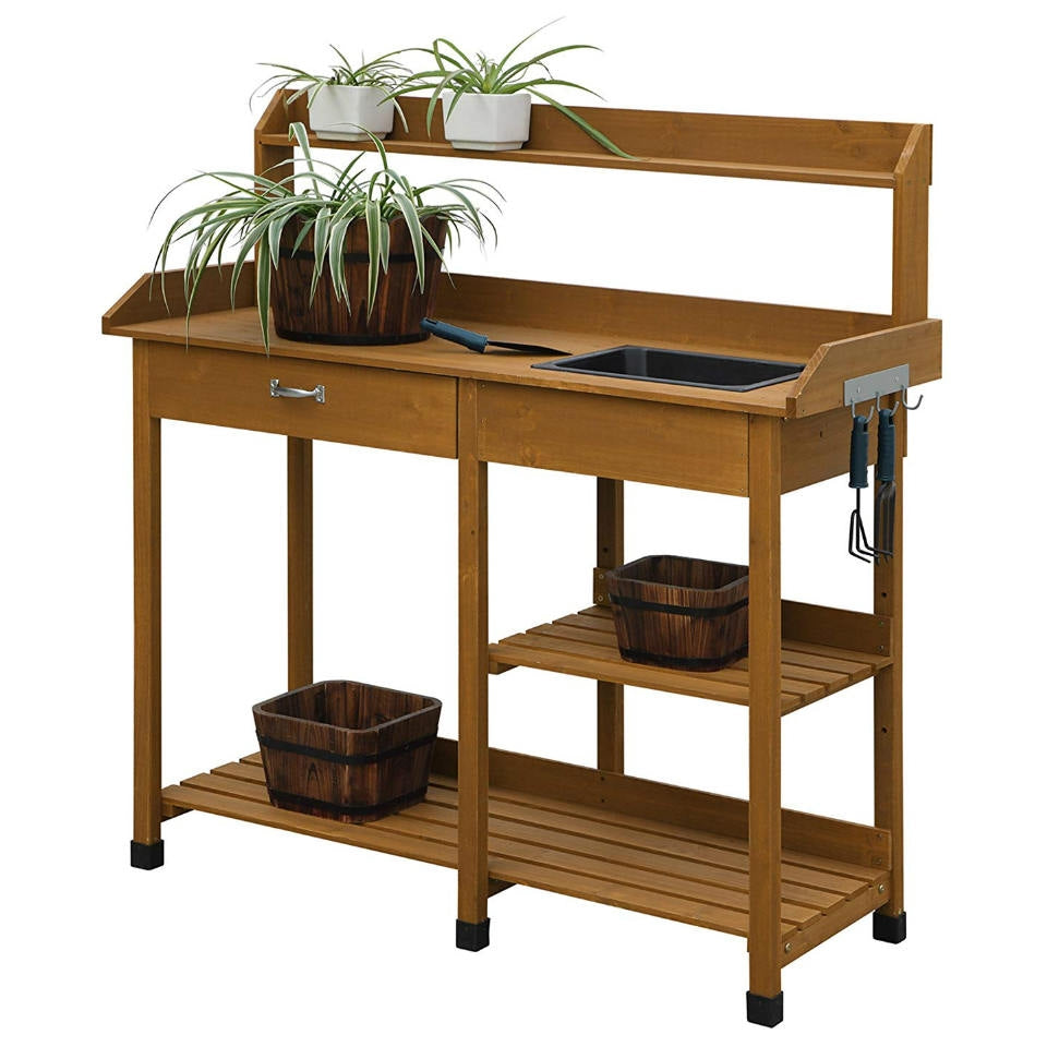 Modern Garden Potting Bench Work Station Table with Sink Storage Shelves & Drawer
