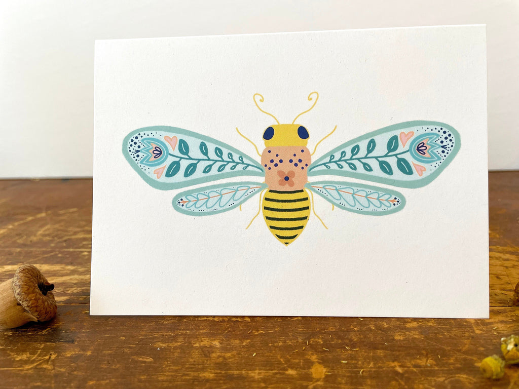Wildflower Bee Garden Greetings Kit w. Non-GMO Seeds, Infosheets + Folk Art Greeting Card with Hand-drawn Bee Art (Celebrate Pollinators)